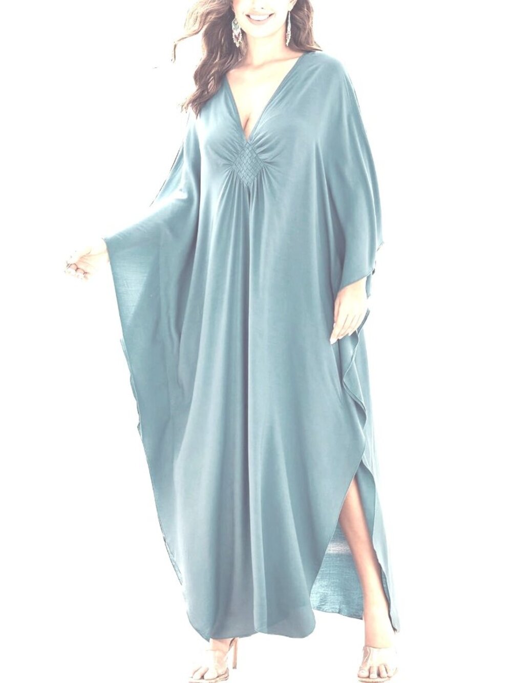 Light Blue V-Neck Kaftan Long Maxi Dress Swim Cover Up One Size Beach Batwing